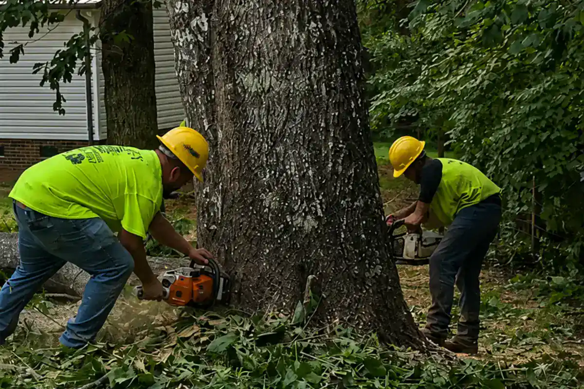 Crew cutting a large trunk near a residential structure