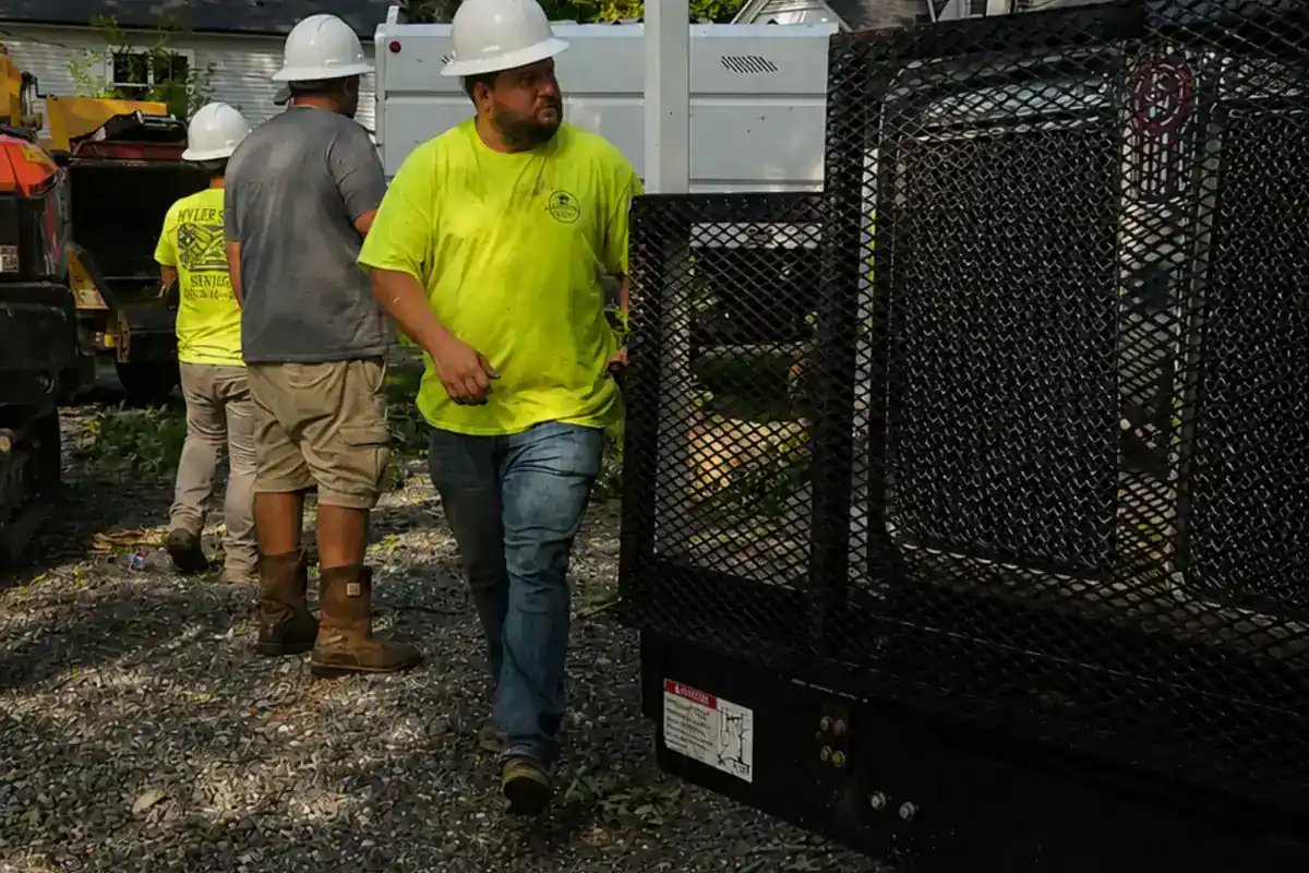 Crew beside the cleanup trailer after tree work