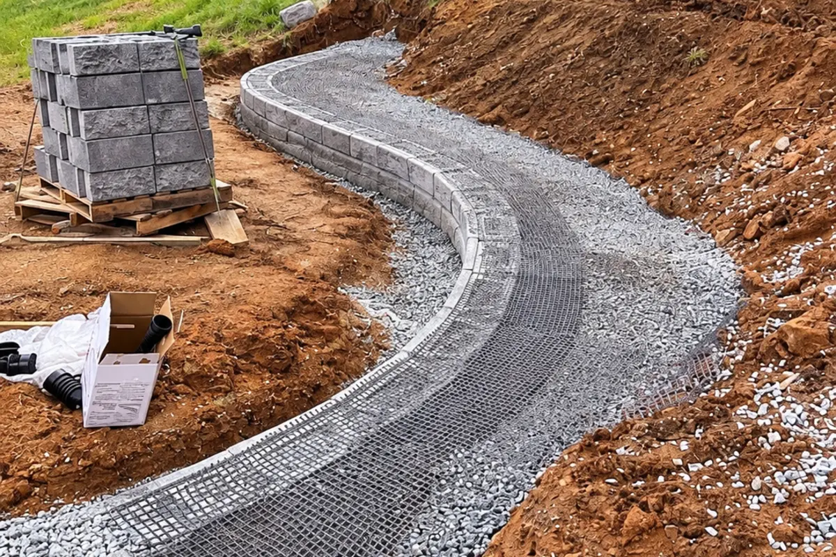 Curved gravel access and drainage preparation