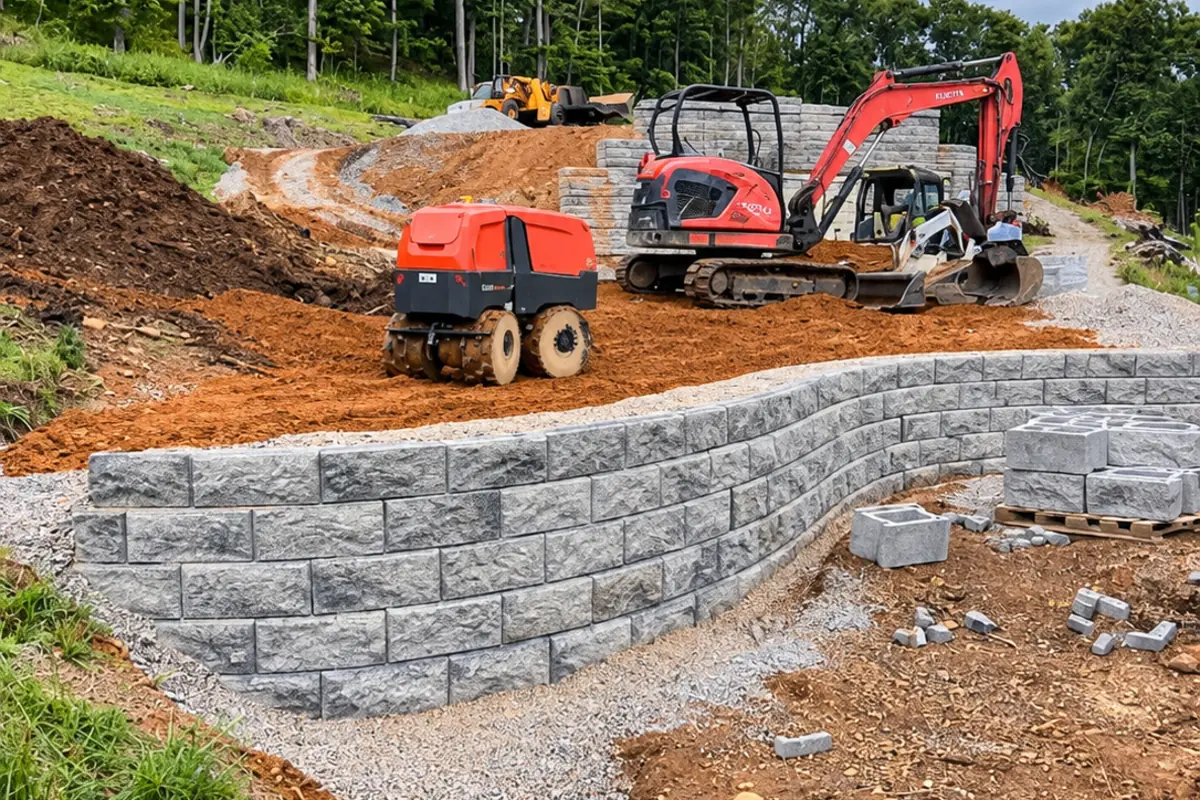 Retaining-wall and excavation work on a sloped site
