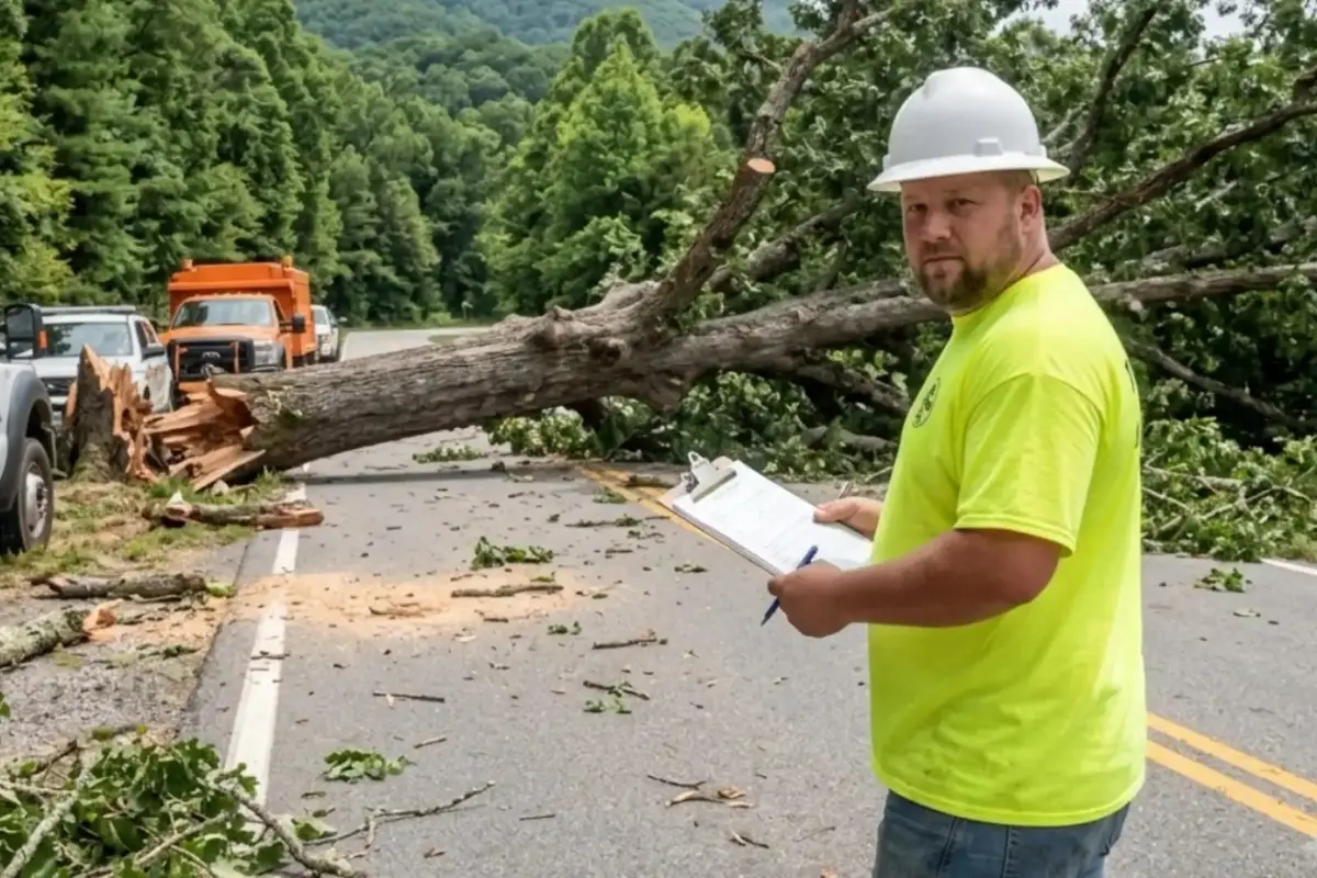 Hyler’s owner documenting an emergency tree that fell across a public road